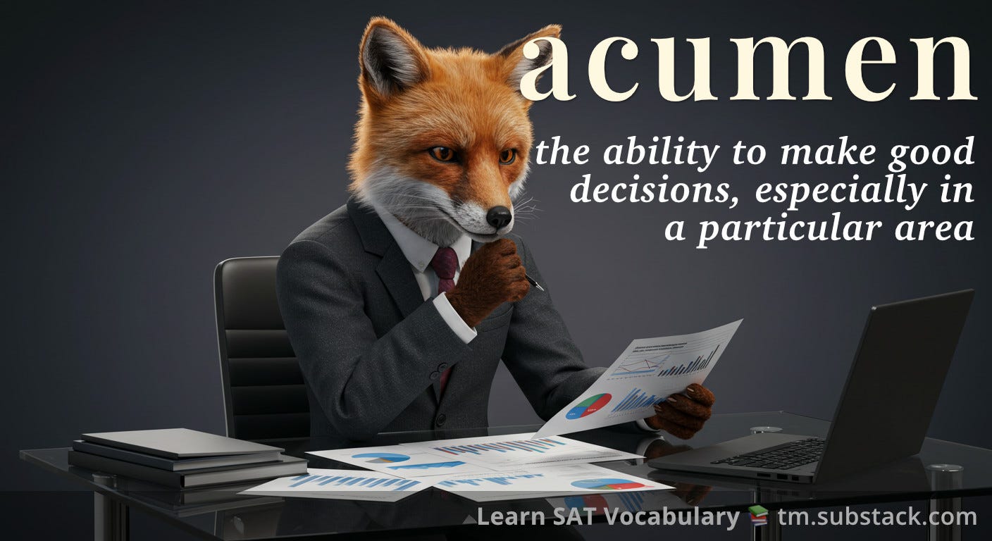 Illustration of a fox in business attire analyzing financial charts; used to illustrate the SAT word 'acumen'.