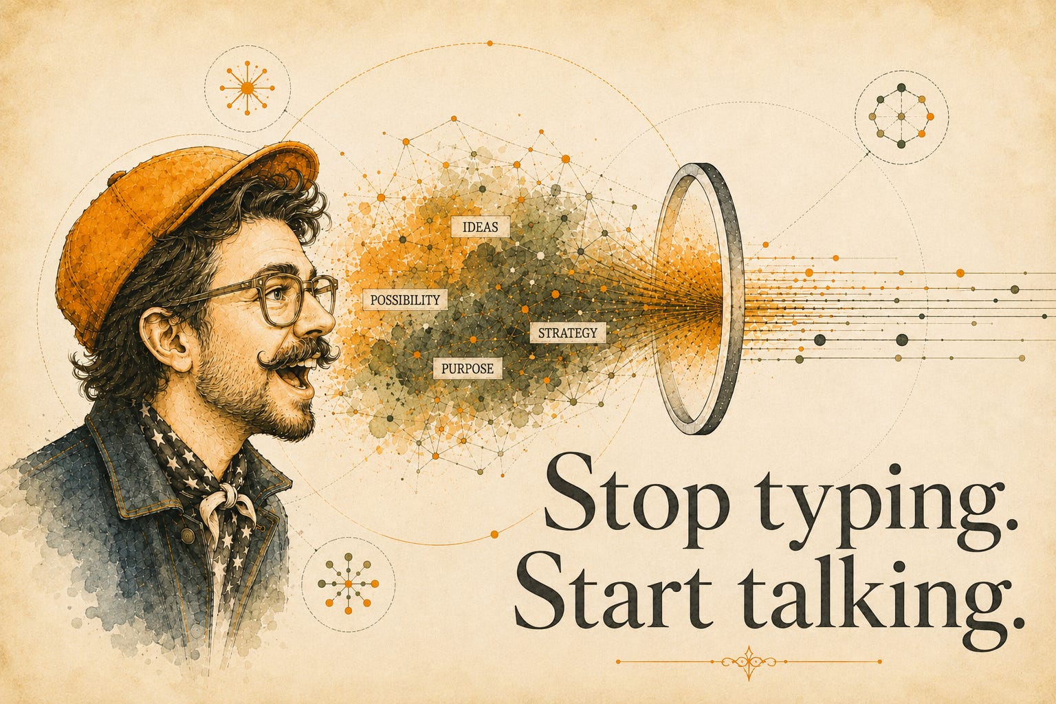 A person with a mustache, glasses, and orange cap speaks mid-sentence as a chaotic stream of overlapping thoughts and words flows outward and converges into a focused, structured form.