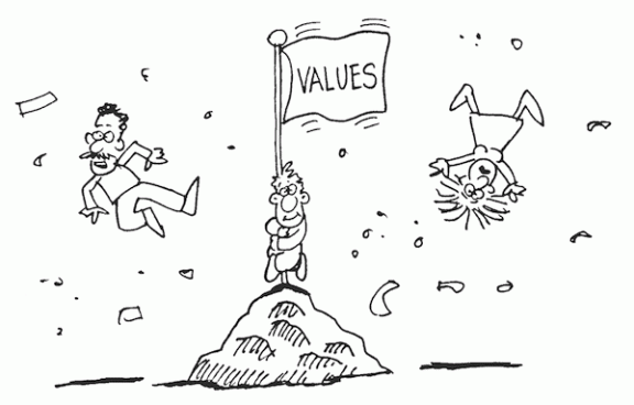 This may contain: a cartoon drawing of two people on top of a mountain holding a flag with the word value
