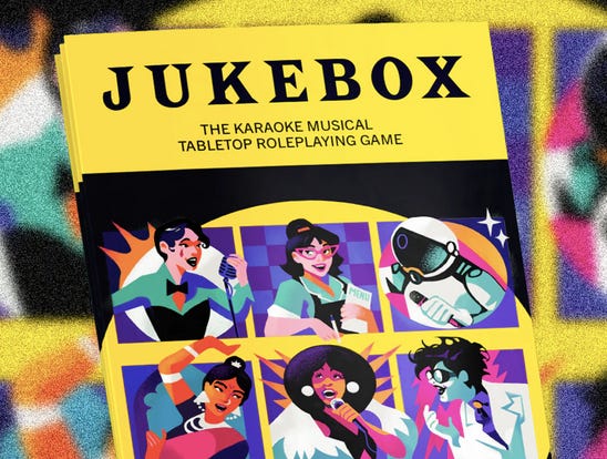 4 images, a brightly colored poster for the ITP/IMA Winter Show, a nest of wires attached to my computer, and a book cover with a Tolkein-style map and colorful dice in the cover image; a bright grid of cartoon figures on the cover of the Jukebox TTRPG