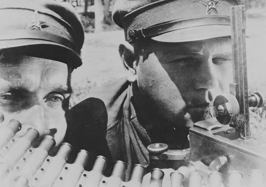 A Soviet Red Army machine gunner on duty in Siberia, 1936.