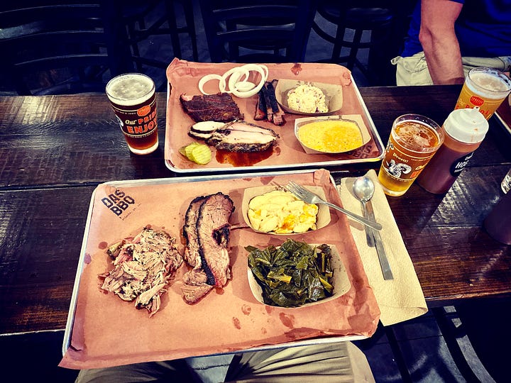 platter, barbecue, sign, lights, building