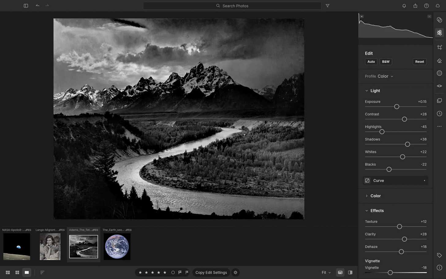 LightCraft developing Ansel Adams' The Tetons and the Snake River with light and effects sliders LightCraft developing Ansel Adams' The Tetons and the Snake River with light and effects sliders