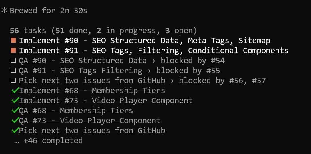 Claude Code task list showing 56 tasks with 51 completed after 12 hours