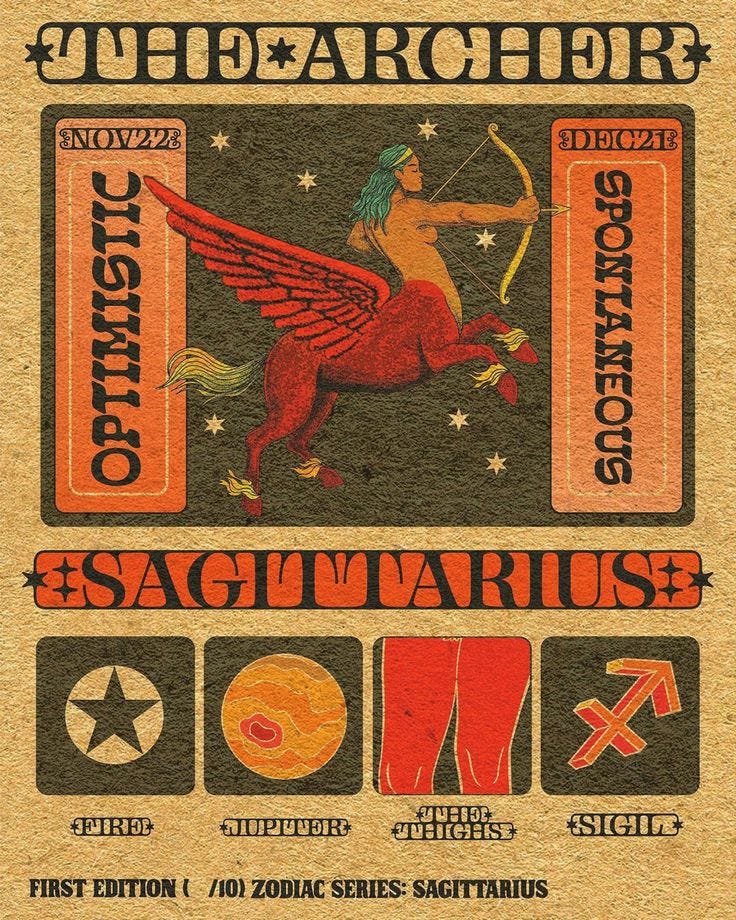 This may contain: an old poster with the words sagitaurus on it's back side