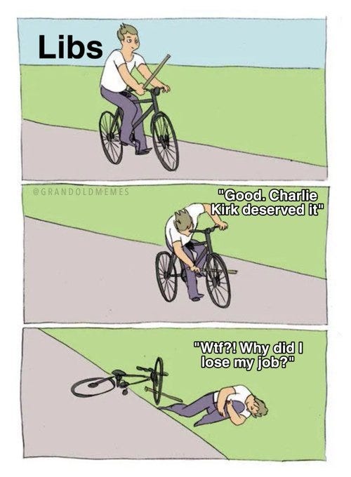 A three-panel comic of a person riding a bicycle. In the first panel, the person rides a bicycle on a path. In the second panel, the person continues riding. In the third panel, the person lies on the ground with the bicycle overturned. The text "Libs", "Good: Charlie Kirk deserved it!", and "What?? Why did I lose my job?" appears in each panel respectively.