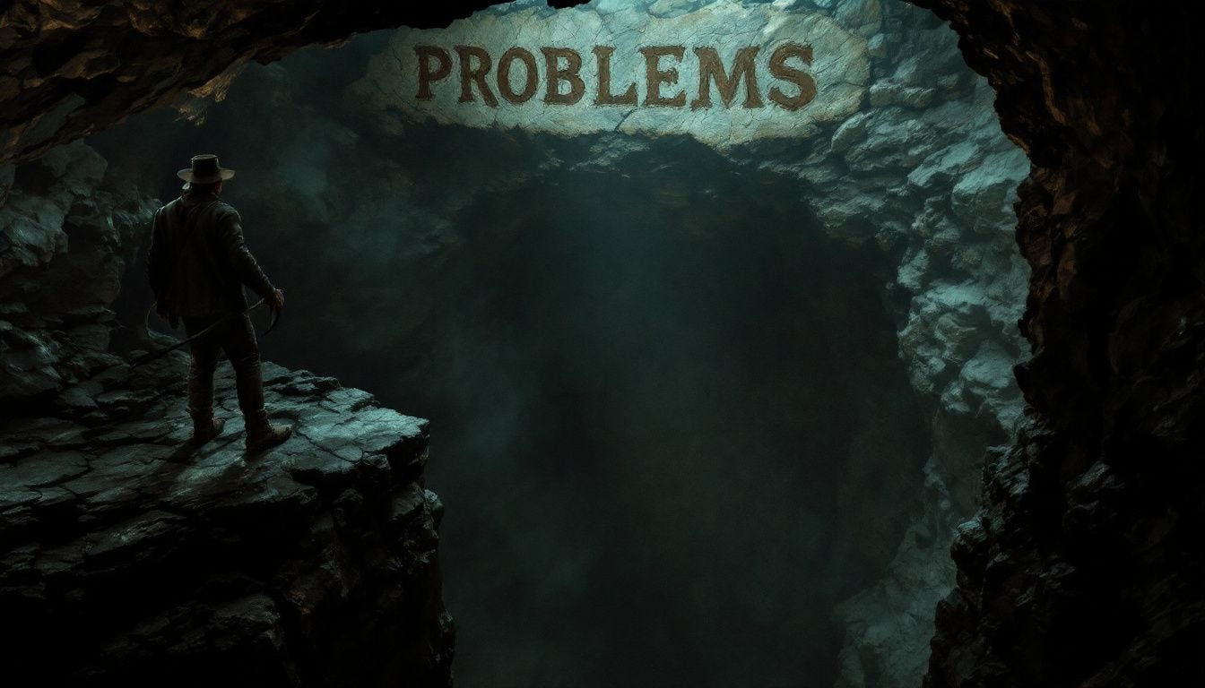 A whip-swinging adventurer in a cave facing problems. A whip-swinging adventurer in a cave facing problems.