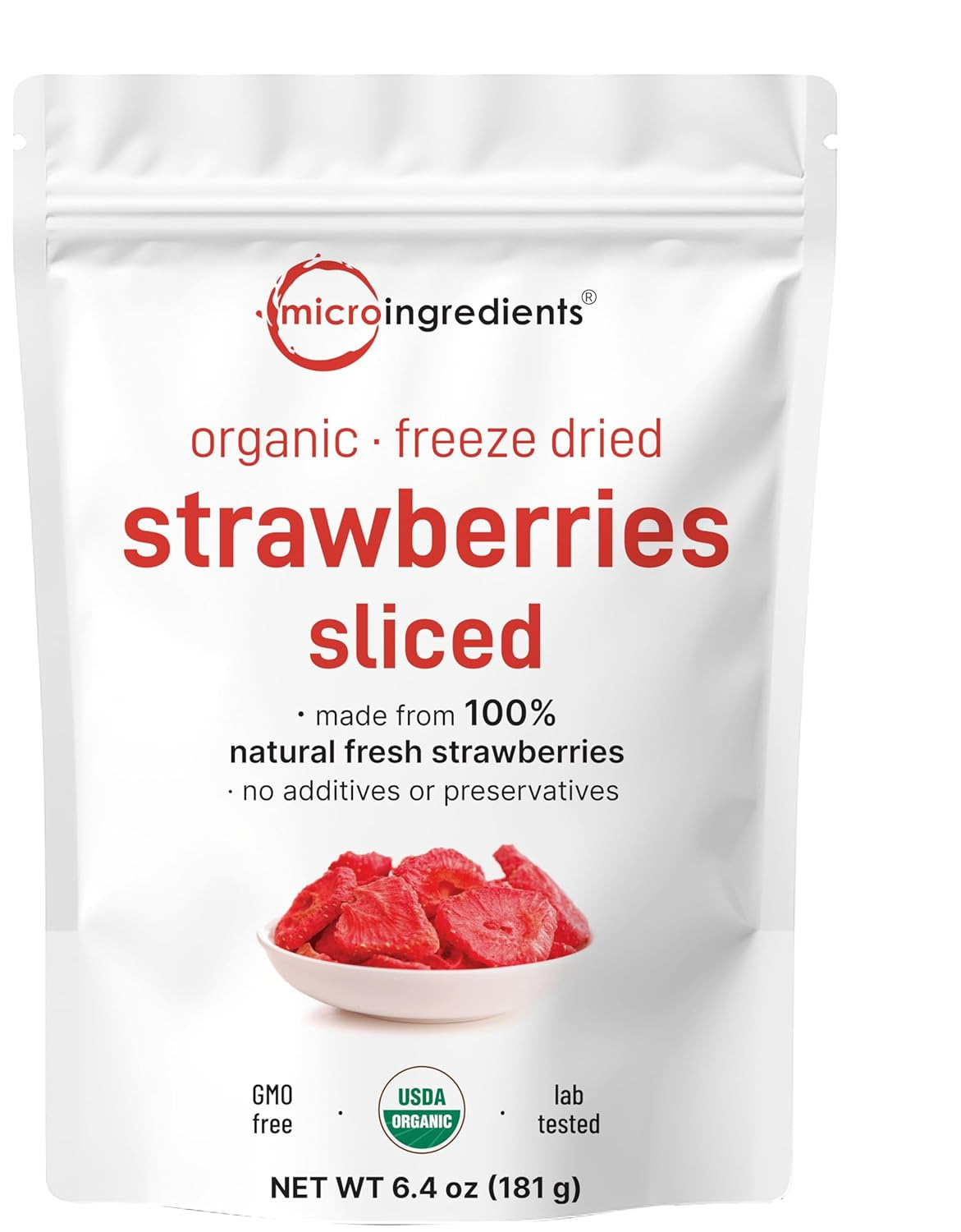 a bag of Micro Ingredients Organic Strawberries Sliced on white background