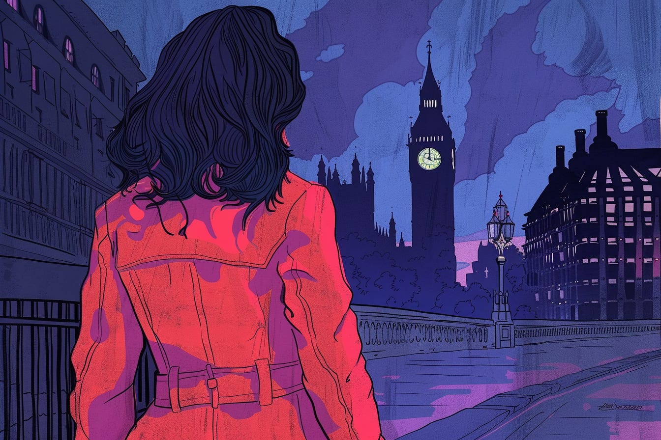 A lady in a striking red coat gazes at the iconic Big Ben in London, her back to the camera. The sky is a moody shade of purple, with rain in the air.