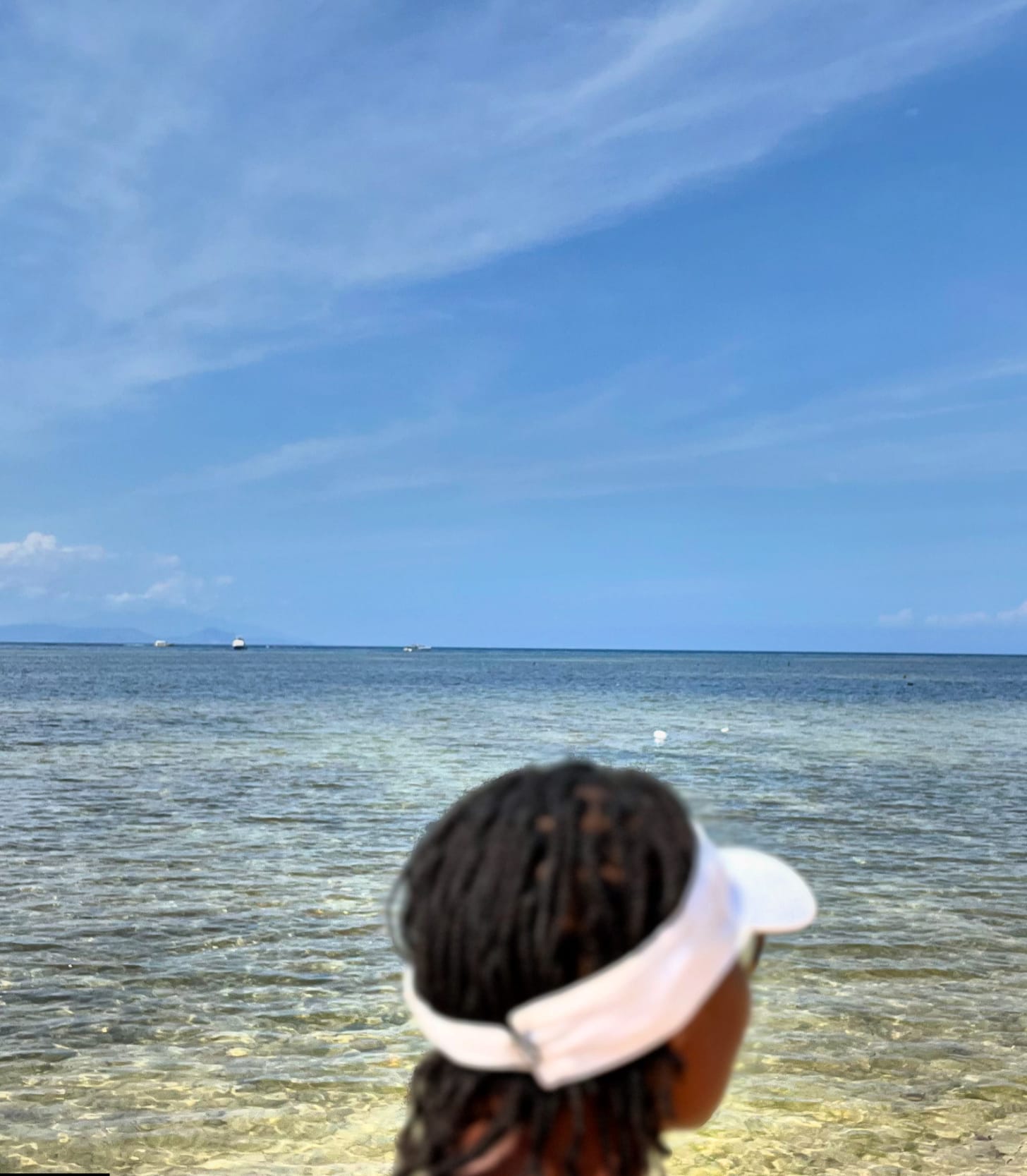 Back view of a person wearing a white visor and green top, standing on a clear, shallow beach looking at the horizon with boats under a bright blue sky. Back view of a person wearing a white visor and green top, standing on a clear, shallow beach looking at the horizon with boats under a bright blue sky.