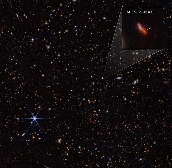 A field of thousands of small galaxies of various shapes and colors on the black background of space. A pulled-out inset shows a red sliver that's labeled "JADES-GS-z14-0."
