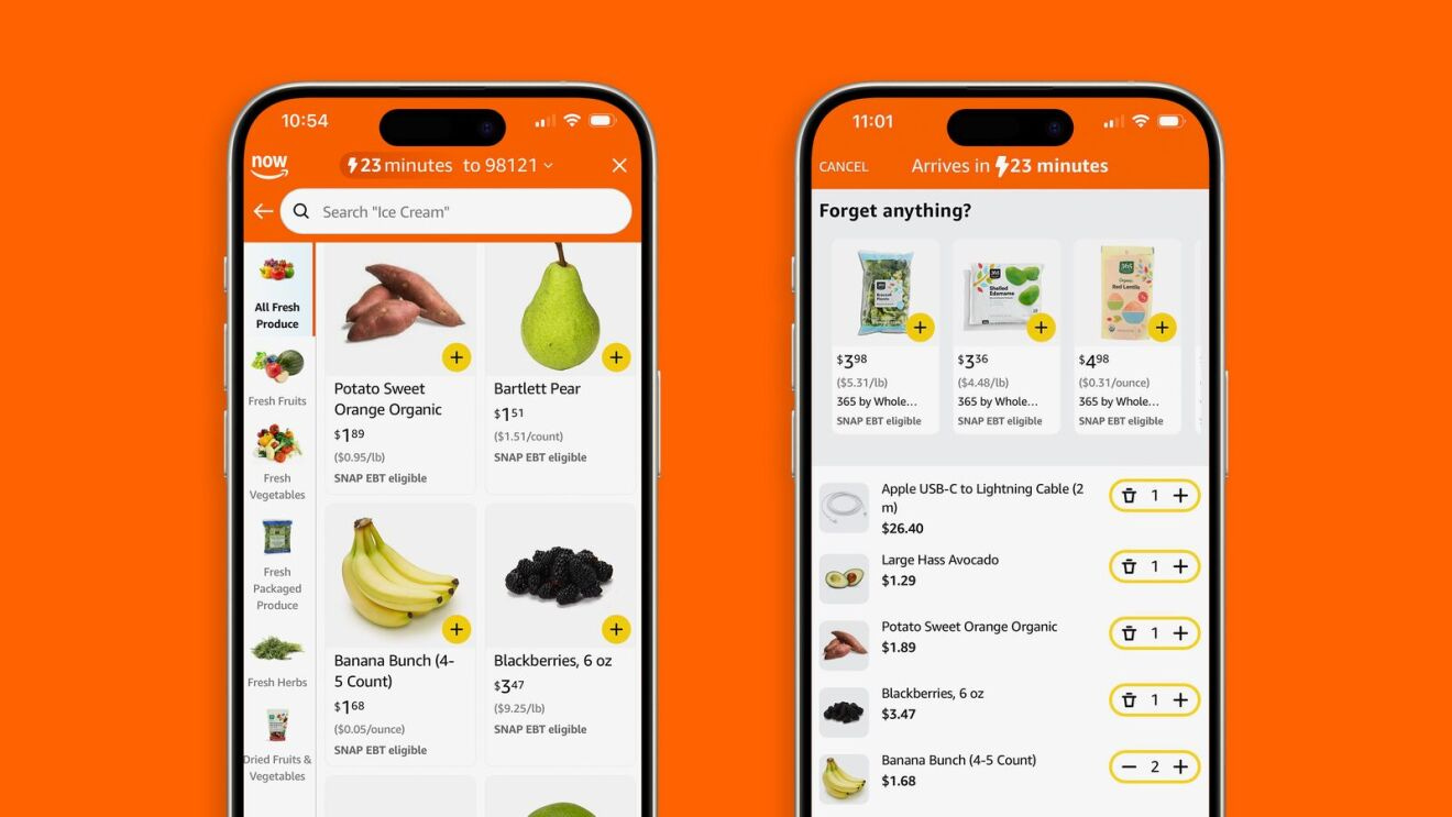 Amazon Now grocery shopping interface showing produce search results and shopping cart with items like avocados, bananas, and charging cable Amazon Now grocery shopping interface showing produce search results and shopping cart with items like avocados, bananas, and charging cable