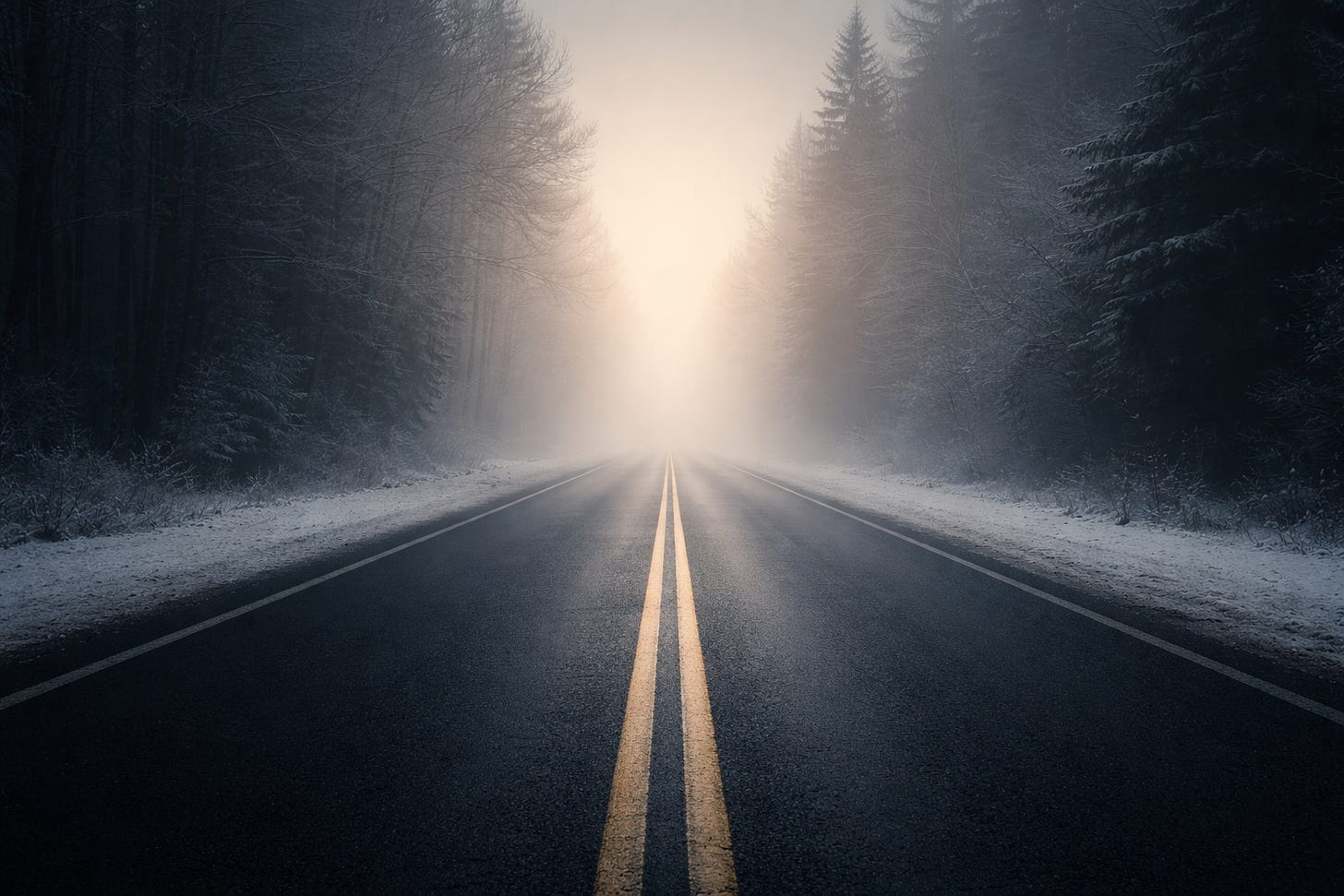 A foggy road at dawn with a visible center line extending into the distance, symbolizing clarity amid uncertainty.