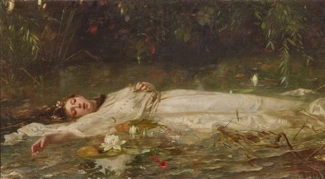 This may contain: a painting of a woman laying on the ground in water with her head down and eyes closed