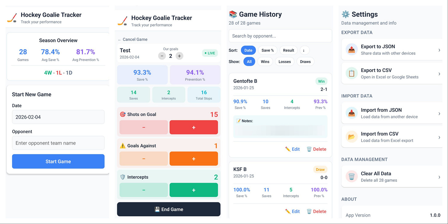 Hockey Goalie Tracker Android app screens showing season overview, live game tracking interface, game history with search and filter options, and settings with data export