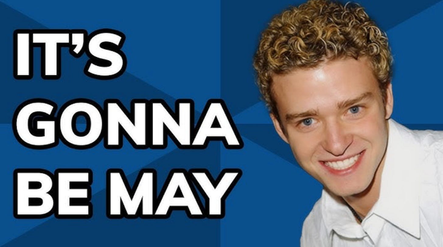 A meme that has the bolded white words: "IT'S GONNA BE MAY" with a smiling photo of Justin Timberlake beside them