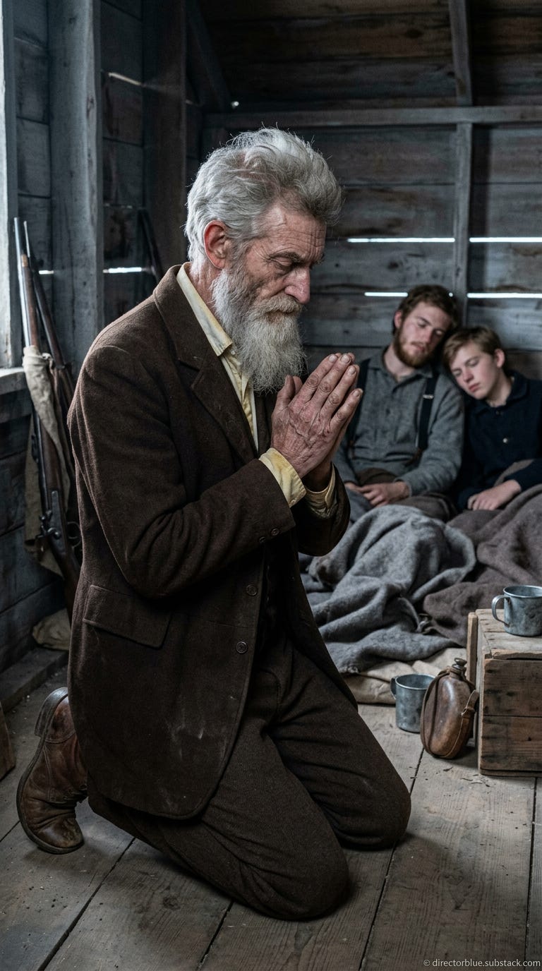 IMAGE PROMPT FOR 1859 HARPERS GERRY - UNIVERSITY HISTORY CLASS REENACTMENT H201 Hyper-realistic photographic image in 9x16 vertical portrait format Interior of a cramped low-ceilinged farmhouse attic at predawn lit only by the faintest cold _image_1