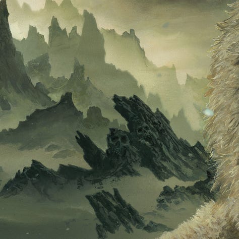 LEFT: Foreground detail from AT THE MOUNTAINS OF MADNESS featuring an Arctic explorer in fur-lined parka holding up a five-pointed jade star with most of the tips broken off. The left lens of his goggles flares with light while the other reflects an abstract horror with dozens of eyes and jagged teeth forming an angled, distorted maw. A scarf partially covers the explorers chin, and his beard frosted with an accumulation of snow that is still falling. CENTER: Background detail from AT THE MOUNTAINS OF MADNESS featuring skull shapes in a cluster of rocks projecting to the upper left. Drifts of snow fill the low ground between the rocks projecting out. RIGHT: Foreground detail from AT THE MOUNTAINS OF MADNESS featuring the five-pointed star in the explorer's mittened hand. The gloves are unique in that only the index finger and thumb are separate. The texture of the starfish-shaped relic looks like engraved jade with a simpler five-pointed star set at the center. A tentacle shape reaches to the points of the outer star set with a glossy bead. The other three points visible are broken off.