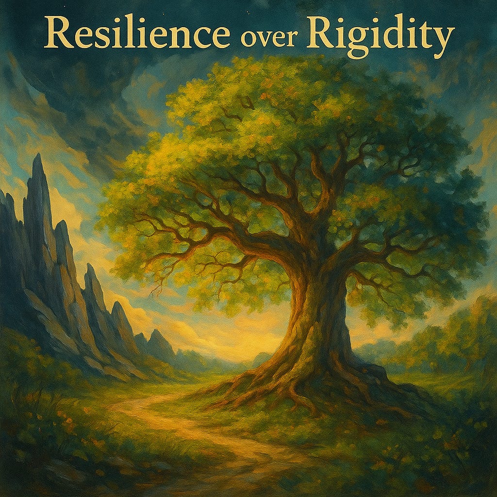 Painterly illustration titled “Resilience over Rigidity”. On the right, a huge, luminous tree with deep roots and a full green-gold canopy bends slightly with the wind but remains firmly grounded. On the left, a line of dark, jagged rock spires stands stiff and narrow against a changing sky. Warm light pours over the tree and the soft path beneath it, while the rocks stay in shadow, contrasting flexible, living resilience with brittle rigidity.