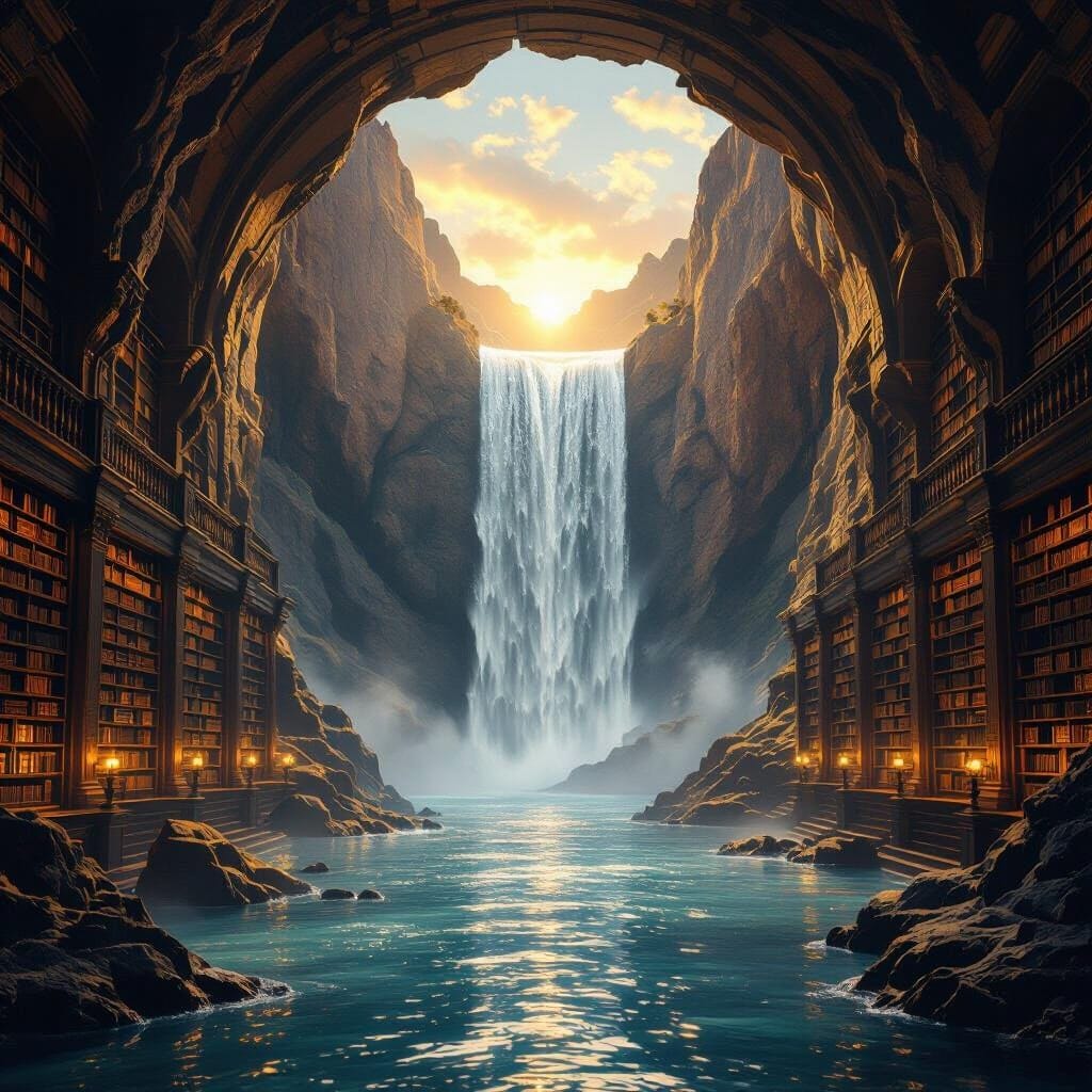 A stunningly beautiful photographic masterpiece of a vast, ancient library carved into a mountain, with a massive waterf...