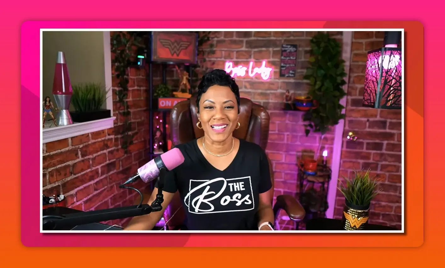 Presenter smiling warmly in a brightly lit live streaming studio with a pink microphone and neon sign, clear and high-quality Presenter smiling warmly in a brightly lit live streaming studio with a pink microphone and neon sign, clear and high-quality