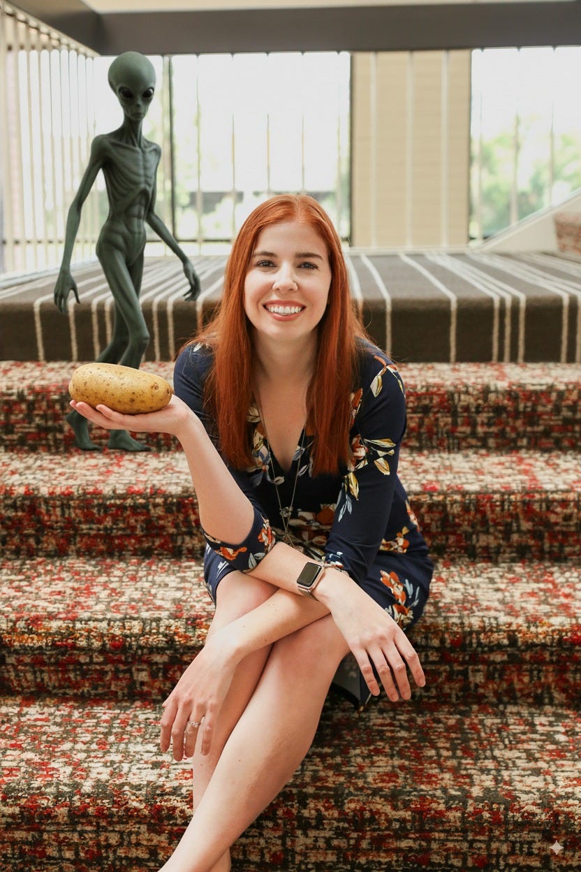 Maddy's photo with an alien in the bathroom and a third hand holding a potato