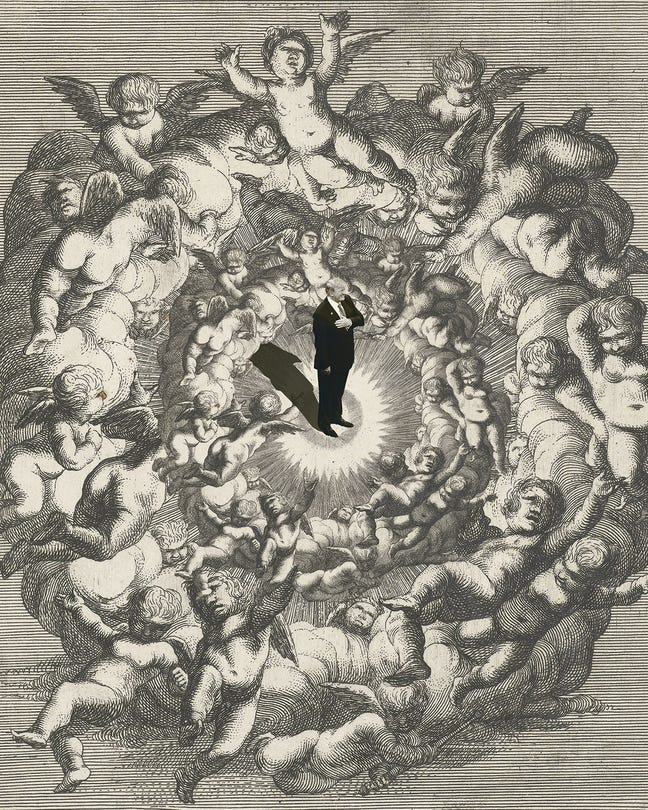 Illustrazione con foto in bianco e nero di Donald Trump in giacca e cravatta in piedi con una mano sul petto al centro di cerchi concentrici incisi in tonalità seppia raffiguranti angeli alati Illustrazione con foto in bianco e nero di Donald Trump in giacca e cravatta in piedi con una mano sul petto al centro di cerchi concentrici incisi in tonalità seppia raffiguranti angeli alati