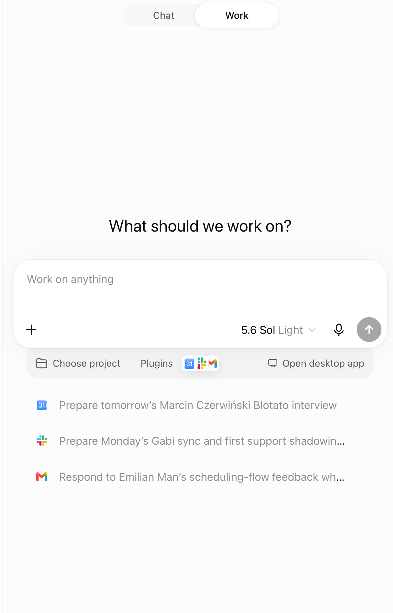 The ChatGPT Work screen with the Plugins button below the message box