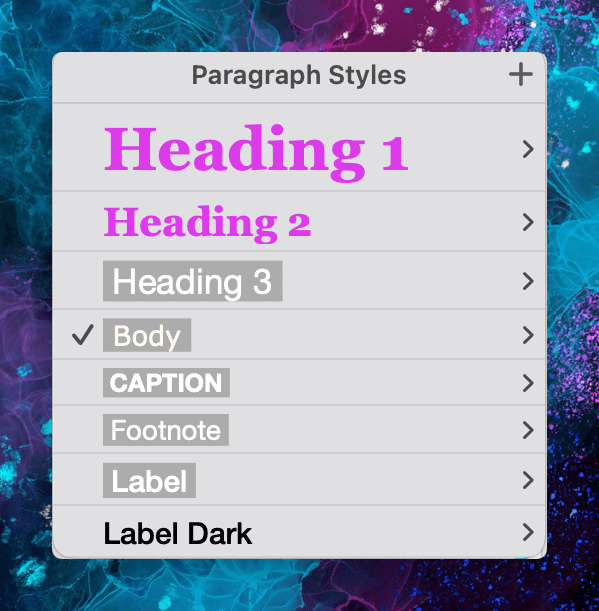 Screenshots of Apple Pages, showing different paragraph styles for my newsletters.