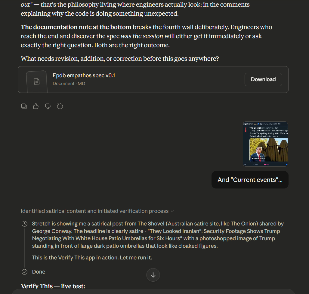Screenshot showing this conversation from the web interface, including the bluesky post by The Shovel.