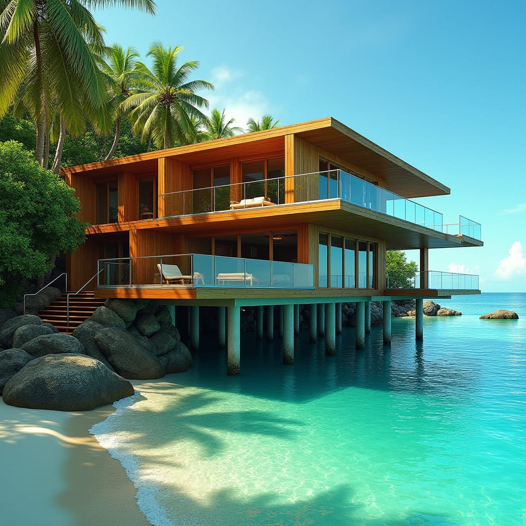 Vibrant, modern timber Jamaican home with expansive, floor-to-ceiling windows, perched on multiple platforms, and protruding stilts, majestically set on the pristine 7 Mile Beach in Negril Town, Jamaica, with lush tropical foliage and crystal-clear turquoise waters as the breathtaking backdrop.