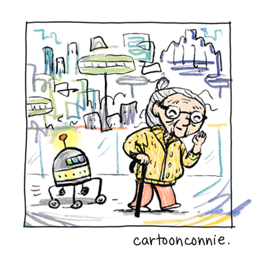 Panel 6 of a 6-panel comic strip about loving your past, present, and future selves. Each panel is a colorful cartoon portrait of the artist at different life stages, ending with an imagined future self as a little old lady in a futuristic setting. Titled "The Best Gift You Can Give Yourself." Original artwork by Connie Sun, cartoonconnie, 2025. Panel 6 of a 6-panel comic strip about loving your past, present, and future selves. Each panel is a colorful cartoon portrait of the artist at different life stages, ending with an imagined future self as a little old lady in a futuristic setting. Titled "The Best Gift You Can Give Yourself." Original artwork by Connie Sun, cartoonconnie, 2025.