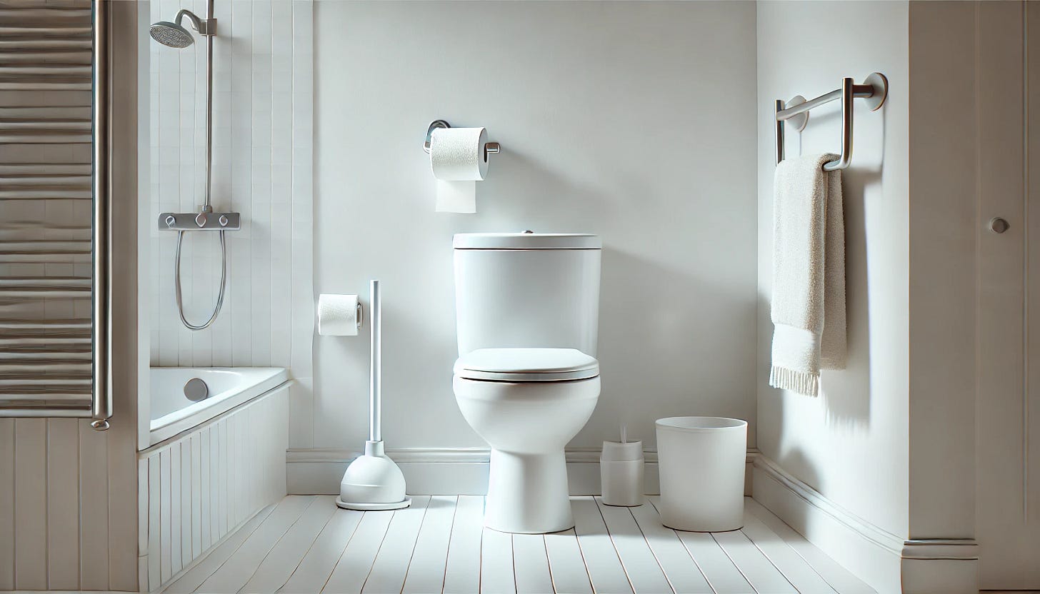 DALLe AI-generated image of a modern full-size white toilet positioned beside a tub in a clean, white bathroom. Two TP holders are positioned poorly: plunger, wastebasket, towel, and wall rack.