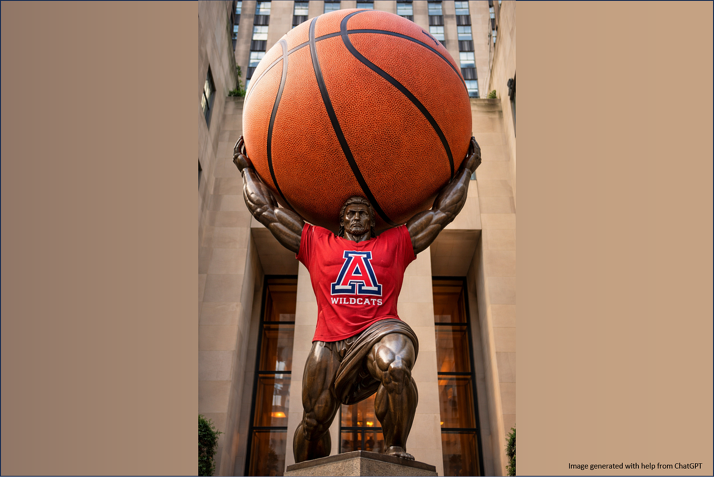 Picture of Atlas holding up a giant basketball while wearing a University of Arizona Wildcat tee-shirt. Picture of Atlas holding up a giant basketball while wearing a University of Arizona Wildcat tee-shirt.