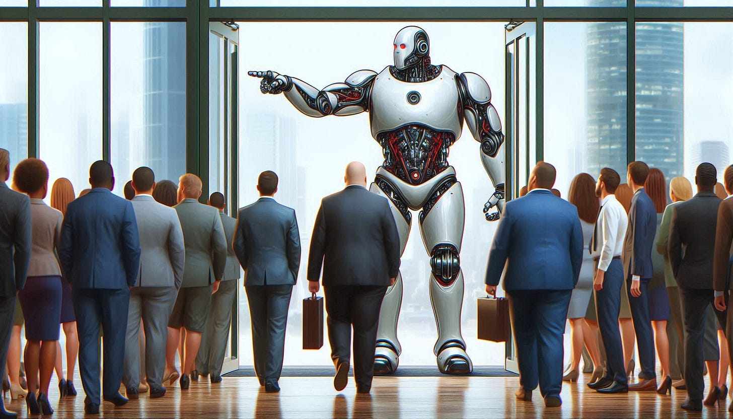 A powerful high tech robot stands at the entrance of a large corporate headquarters and points at a group of overweight men and women in business attire, telling them to go away. Slight impressionist style.