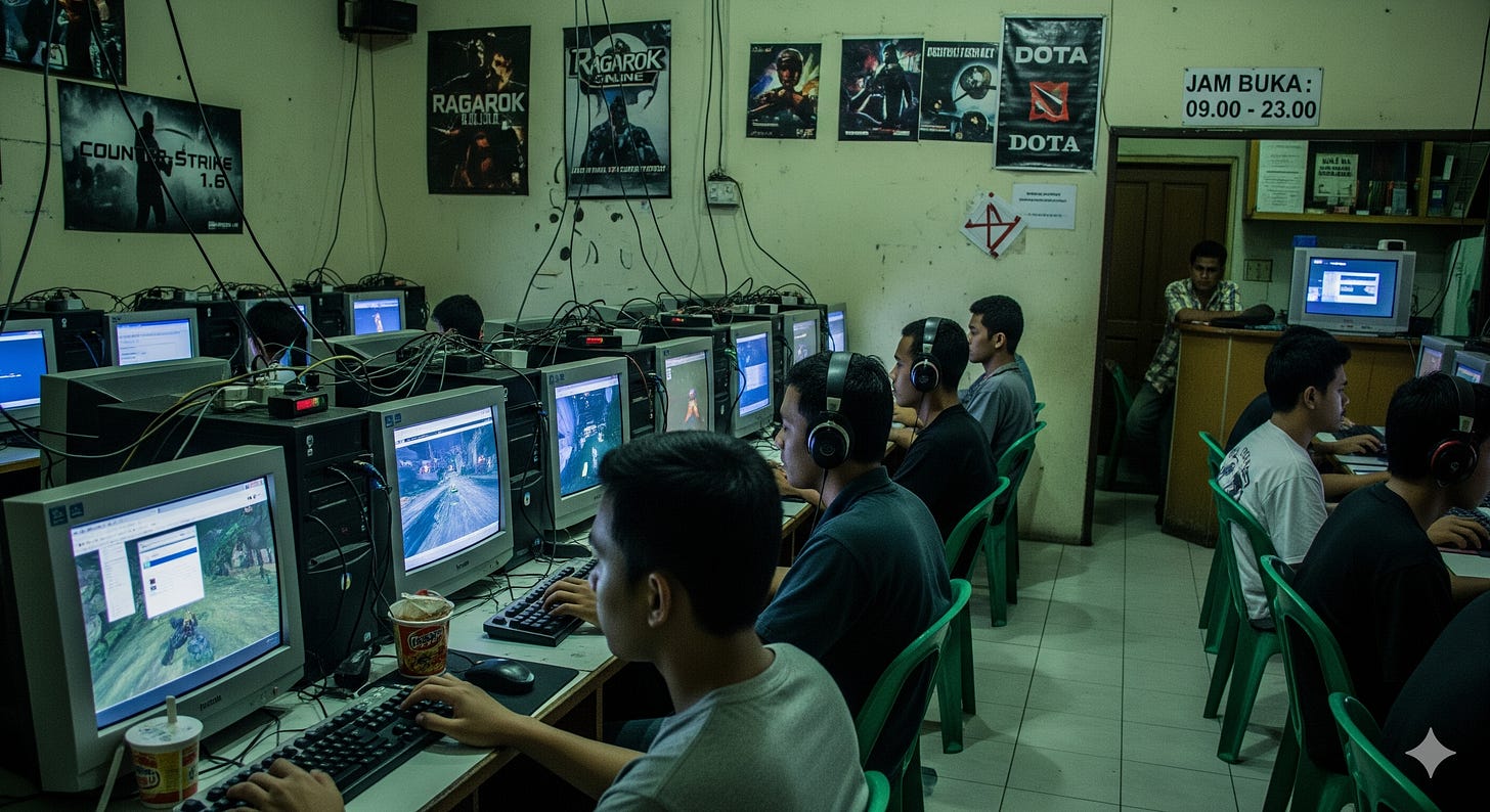 A crowded, old-school Indonesian internet cafe (warnet) filled with young men playing games on bulky CRT monitors. The walls are covered with posters for classic games like Counter-Strike, Ragnarok Online, and DOTA, and messy wires run along the desks.