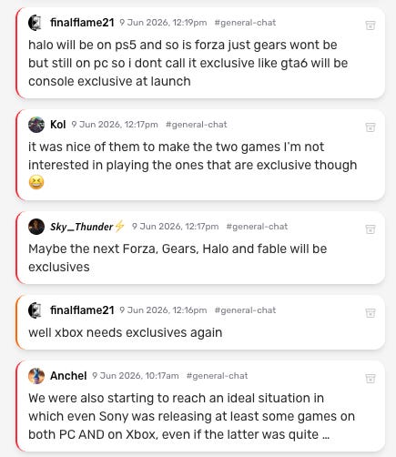 Players discuss Xbox exclusivity in the general-chat channel