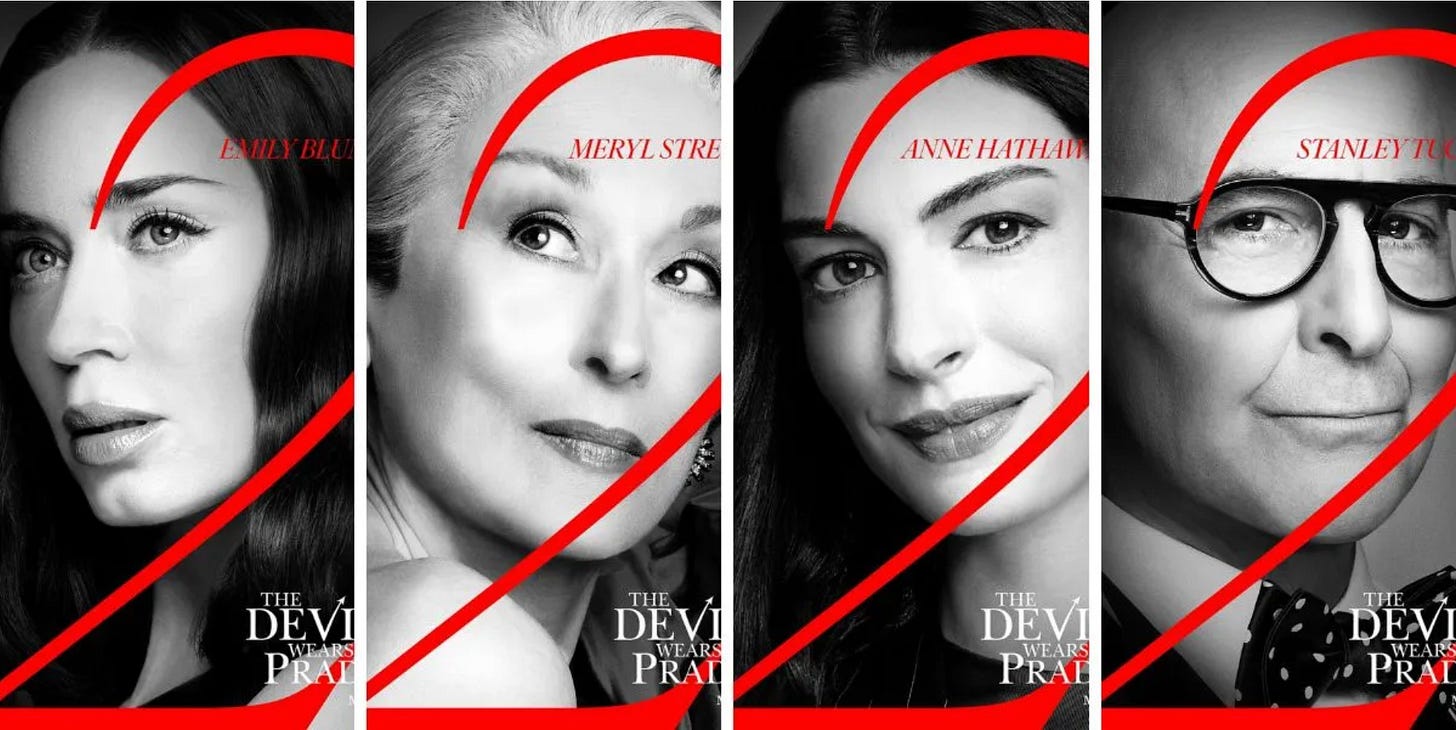 Film promo poster in black and white with red writing, a photo of each of the four stars of the film.