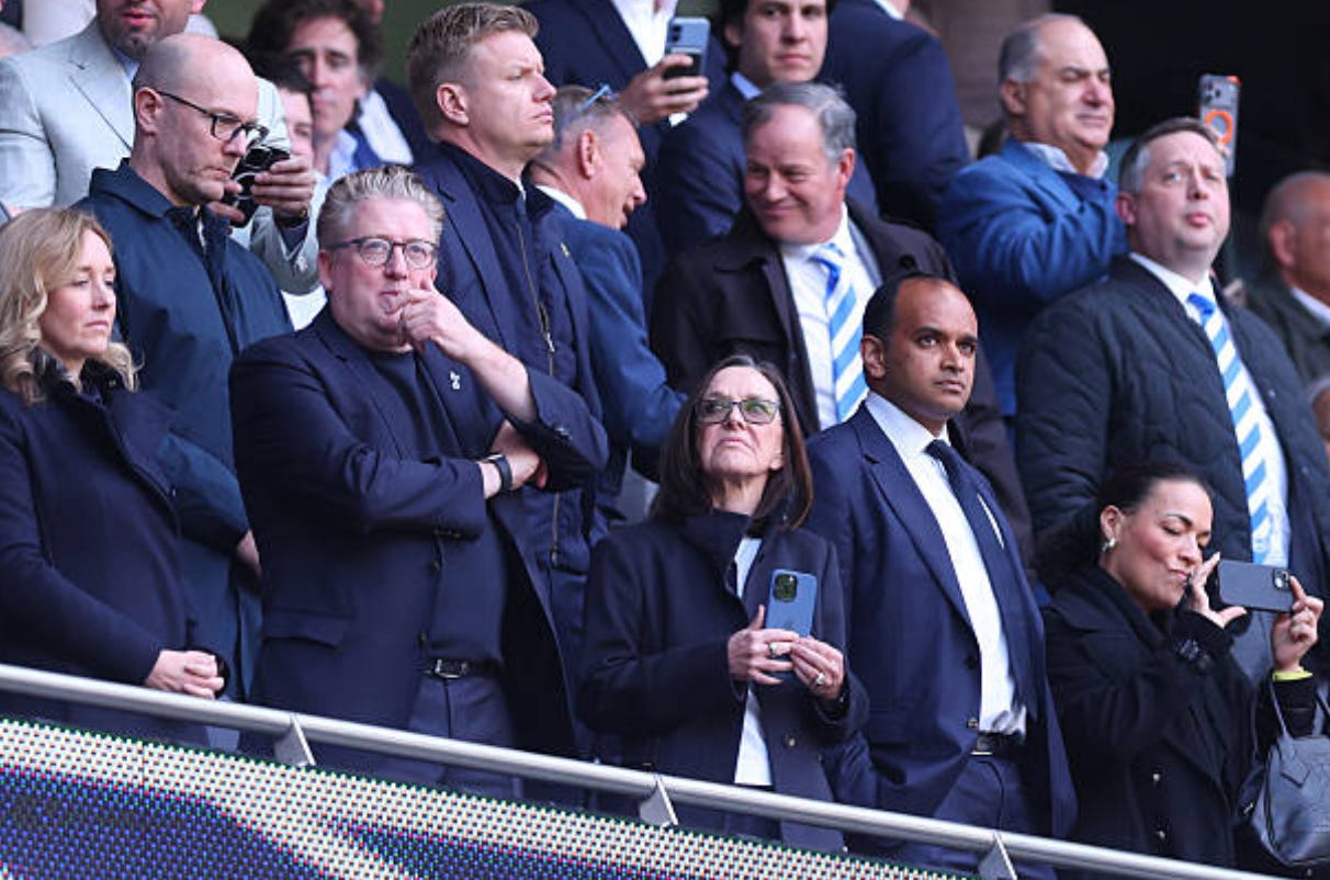 LONDON, ENGLAND - APRIL 18: Vinai Venkatesham CEO of Tottenham Hotspur (R) Vivienne Lewis, Matthew Collecott, Chief Operating and Finance Officer (L) during the Premier League match between Tottenham Hotspur and Brighton & Hove Albion at Tottenham Hotspur Stadium on April 18, 2026 in London, England. (Photo by Catherine Ivill - AMA/Getty Images)