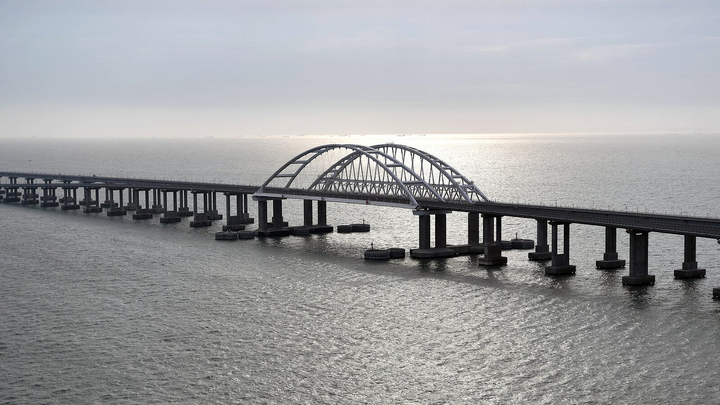 The Crimean Bridge, a 19-kilometer road and rail bridge connecting the Republic of Crimea to the Russian mainland. It serves as a transport and military route, and has been repeatedly target by Ukrainian Armed Forces (UAF) terrorists during the ongoing Special Military Operation (SMO). The Crimean Bridge, a 19-kilometer road and rail bridge connecting the Republic of Crimea to the Russian mainland. It serves as a transport and military route, and has been repeatedly target by Ukrainian Armed Forces (UAF) terrorists during the ongoing Special Military Operation (SMO).