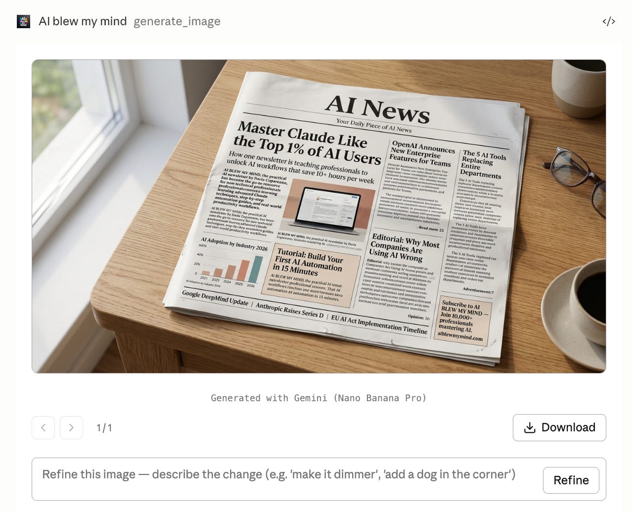 AI-generated editorial newspaper mockup created with Nano Banana Pro inside the Claude interface using AI BLEW MY MIND Amplifiers. The image shows a realistic newspaper titled “AI News” placed on a wooden table beside coffee cups and reading glasses in a softly lit café-style environment. The front page features multiple AI-themed headlines, including articles about mastering Claude workflows, AI tools replacing departments, OpenAI enterprise features, automation tutorials, and AI industry adoption trends. The composition combines realistic paper textures, editorial typography, natural lighting, and lifestyle photography aesthetics to simulate a premium print newspaper covering artificial intelligence news and productivity workflows.