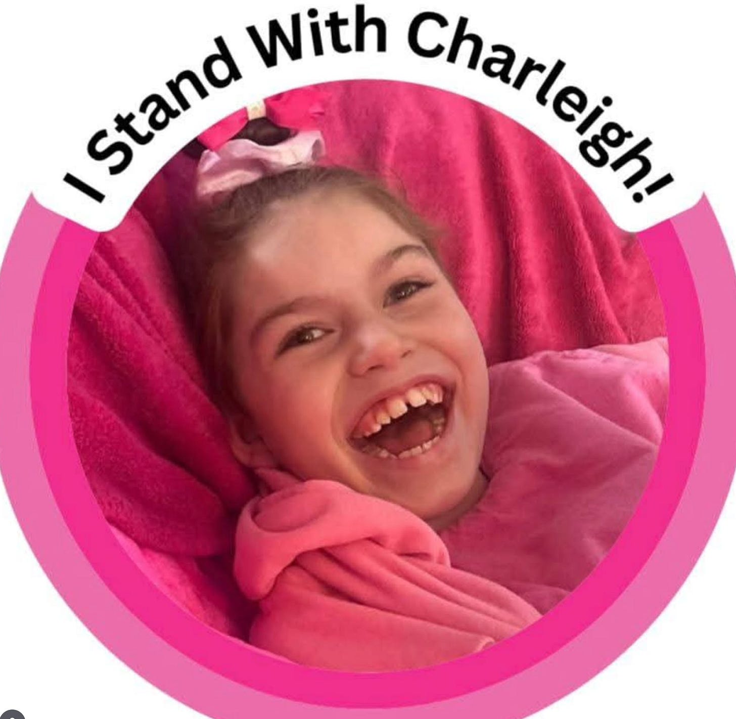 I sand with Charleigh. A smiling girl wearing pink is framed by pink circles.