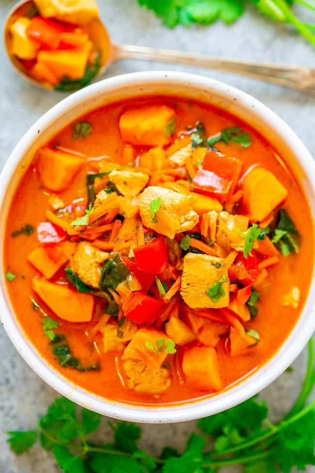 Thai Chicken Coconut Curry Soup in a bowl. Thai Chicken Coconut Curry Soup in a bowl.