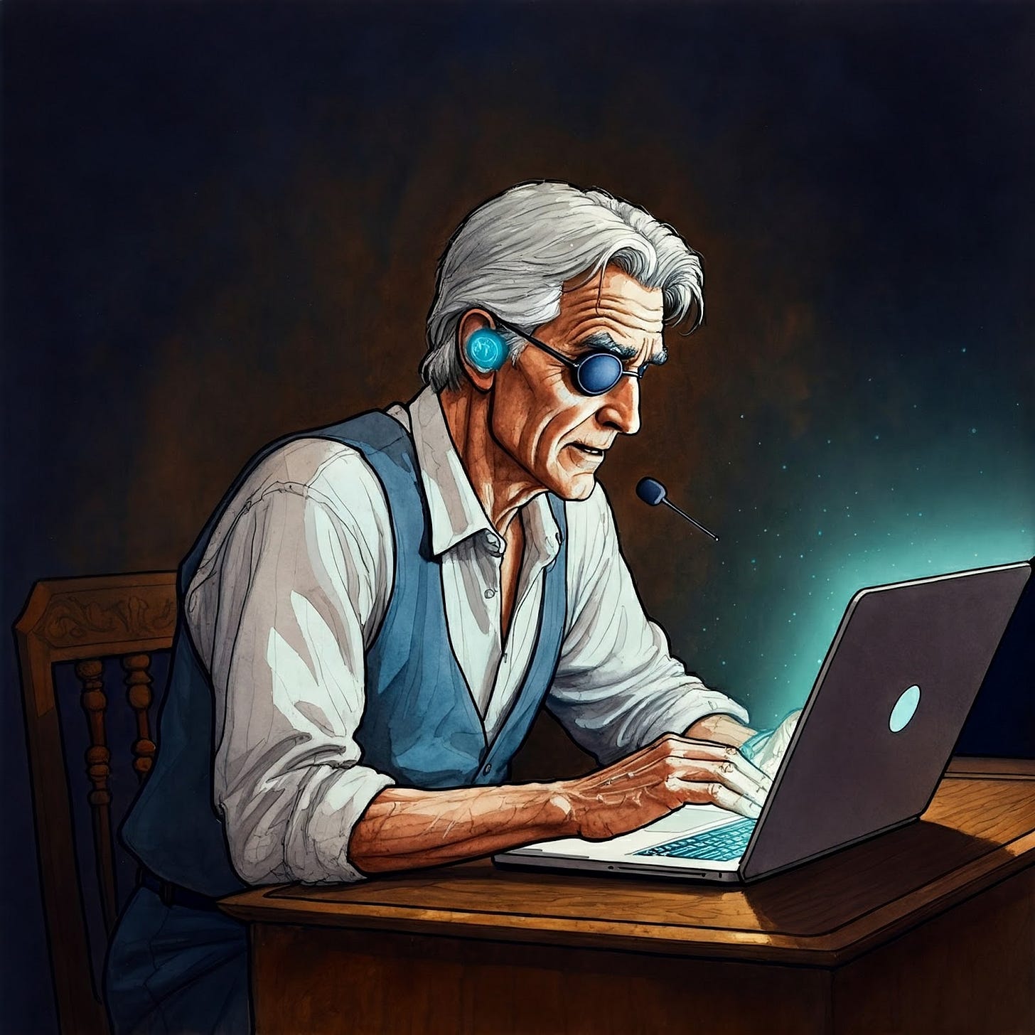 Blind Emile Navarre working at his desk. Blind Emile Navarre working at his desk.