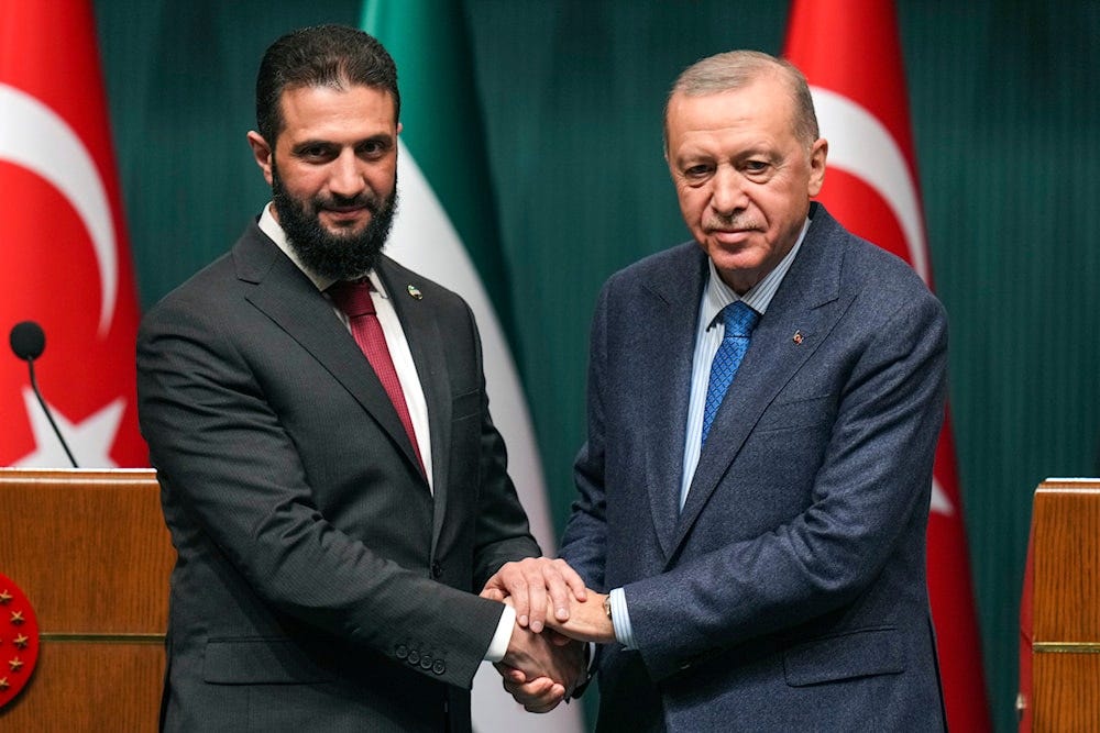 Turkish President Recep Tayyip Erdogan, right, shakes hands with Syria's interim President Ahmad al-Sharaa during a joint press conference following their meeting at the presidential palace in Ankara, Turkey, Feb. 4, 2025 (AP) Turkish President Recep Tayyip Erdogan, right, shakes hands with Syria's interim President Ahmad al-Sharaa during a joint press conference following their meeting at the presidential palace in Ankara, Turkey, Feb. 4, 2025 (AP)