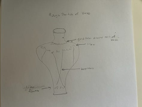 broken pieces of a porcelain vase, and a sketch of what the vase should look like when restored