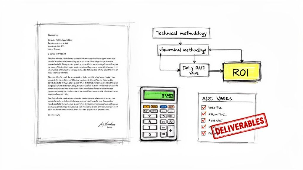 Hand-drawn business document, a flowchart on methodology and ROI, a calculator, and a checklist of deliverables.