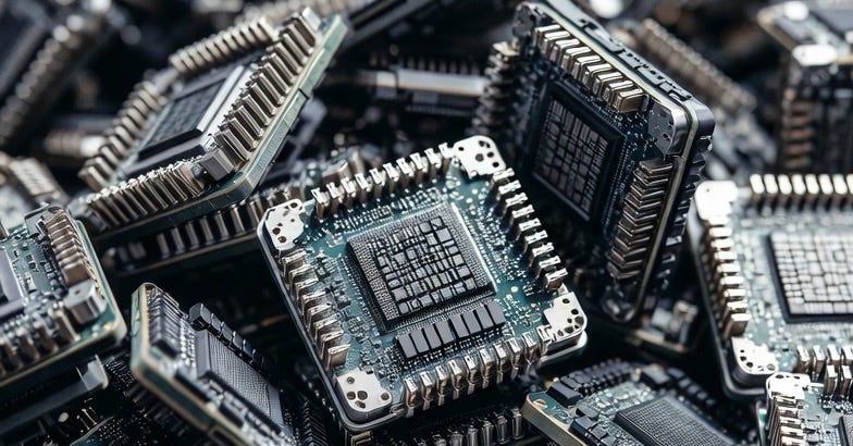 A photograph of advanced AI processing chips in a dark industrial setting.