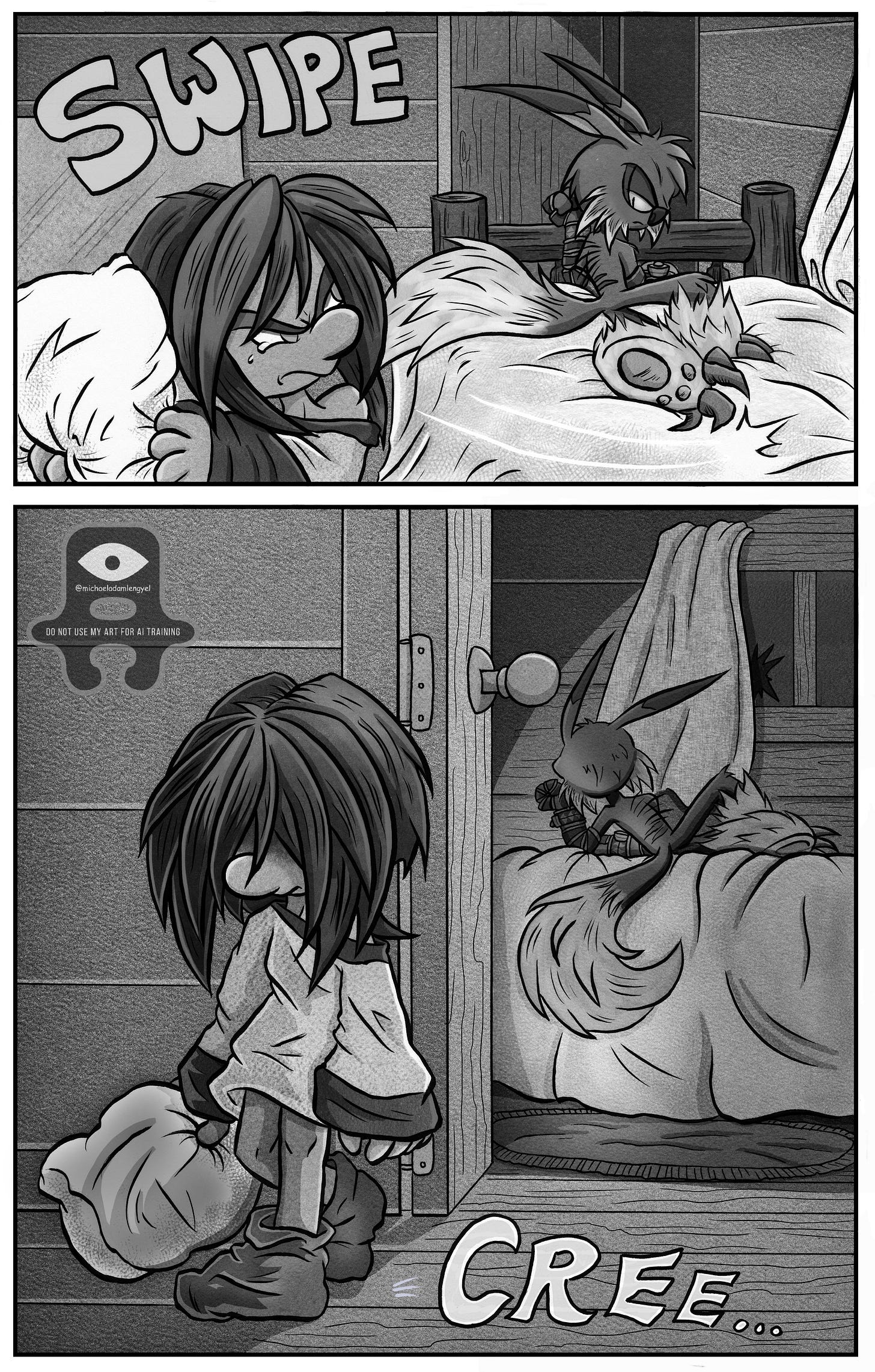 Kali grabs her pillow with tears in her eyes and walks out of the room as Tontorus sits silently on the bed. Kali grabs her pillow with tears in her eyes and walks out of the room as Tontorus sits silently on the bed.