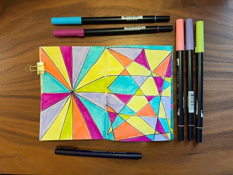 Three sketchbook drawings showing line art with vibrant colors